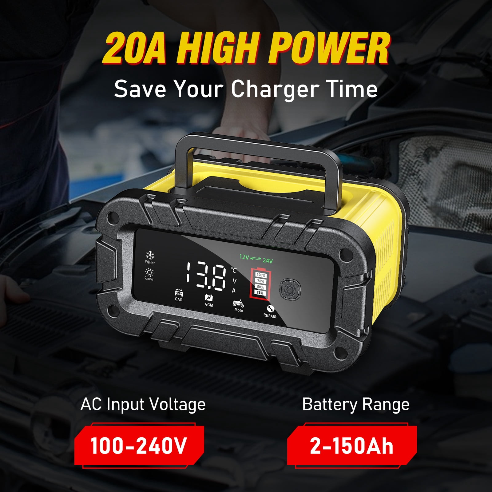 HUSGW 12V 20A /24V 10A Battery Charger, Fully-Automatic Smart Car Battery Charger, Compatible with Lead-Acid & LiFePO4 Lithium Iron Phosphate Batteries for Cars and Motorcycles