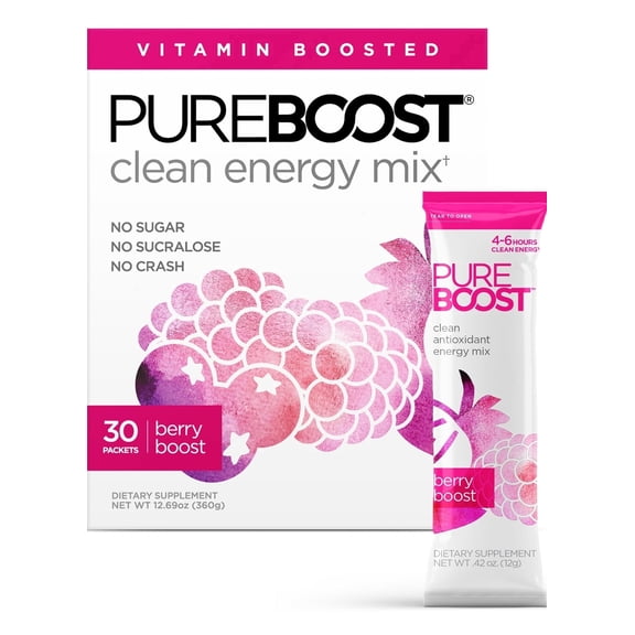 Pureboost Clean Energy Booster, Berry Boost 30 Count, Refreshing Energy Drink mix with B12, Electrolytes & Antioxidants, Sugar-Free with No Sucralose