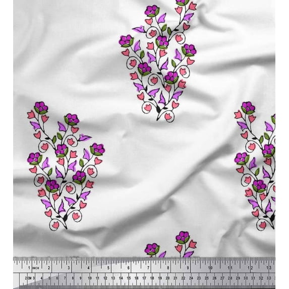 Soimoi Moss Georgette Fabric Leaves & Floral Block Printed Fabric 1 Yard 42 Inch Wide