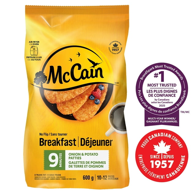McCain® 9 Minutes No Flip Onion & Potato Frozen Breakfast Patties, Made in Canada from domestic and imported ingredients, 600g