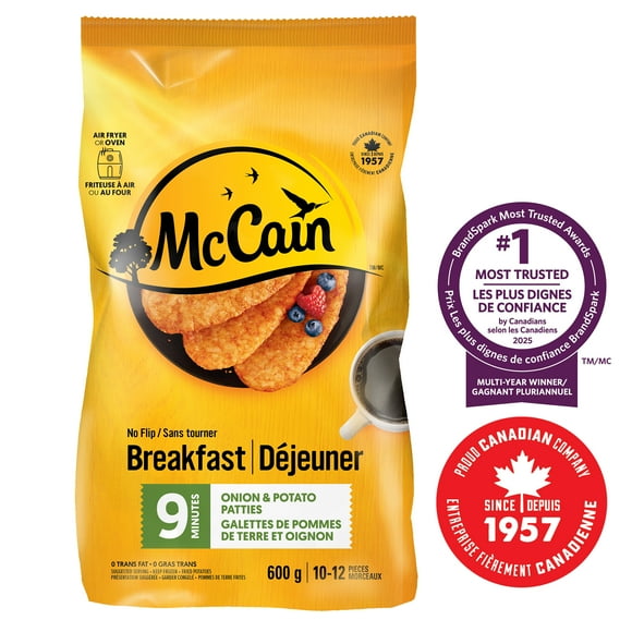Galettes de pommes de terre et oignon 9 minutes Sans tourner McCainᴹᴰ, Fabriqué au Canada à partir d'ingrédients canadiens et importés Paquet de 12, 600g