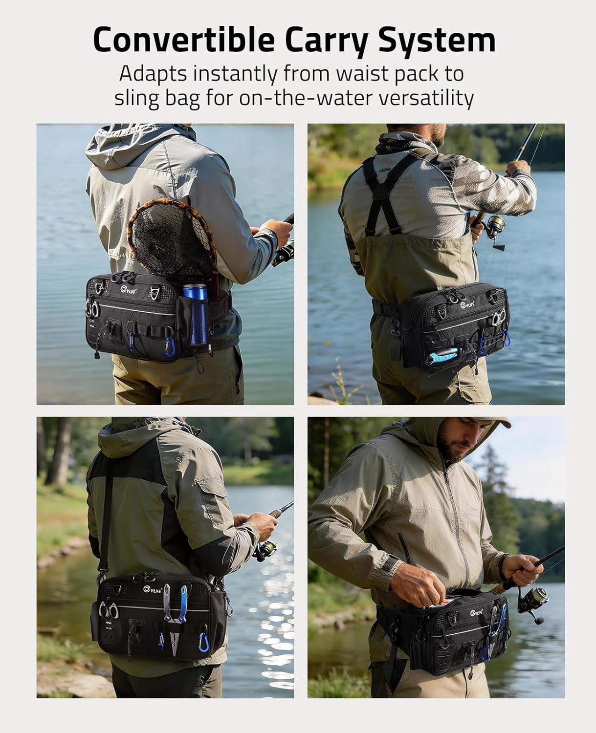 Fishing Tackle Bag Waist Pack with Rod Holder, Water Resistant Fanny Pack Includes 3600 Tackle Box, Waterproof Pouch & Carabiners