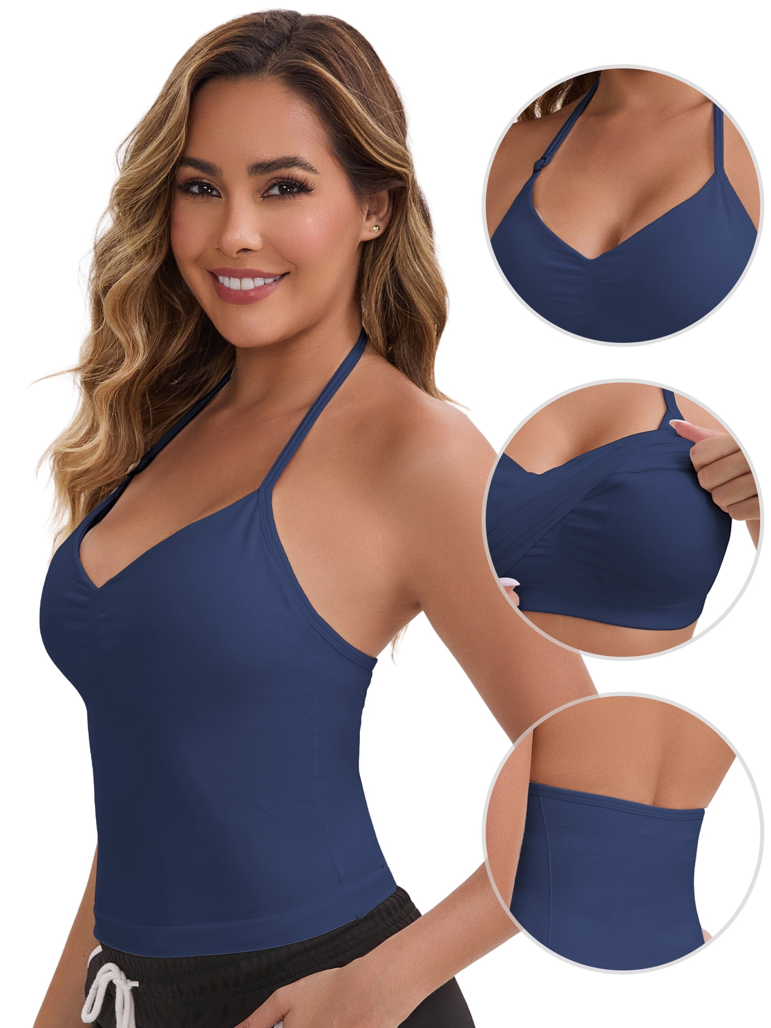 DARING DIVA Women's Halter Neck Padded Adjustable Spaghetti Straps Tank Top M Dark Blue