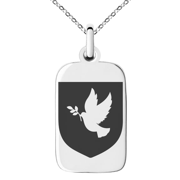 Stainless Steel Dove Peace Coat of Arms Shield Engraved Small Rectangle Dog Tag Charm Pendant Necklace
