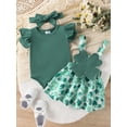 thumbnail image 3 of Newborn Baby Girl St Patricks Day Outfit Romper Tops Four Leaf Clover Suspender Skirt Overall Dress Headband 3Pcs Clothes Set, 3 of 9