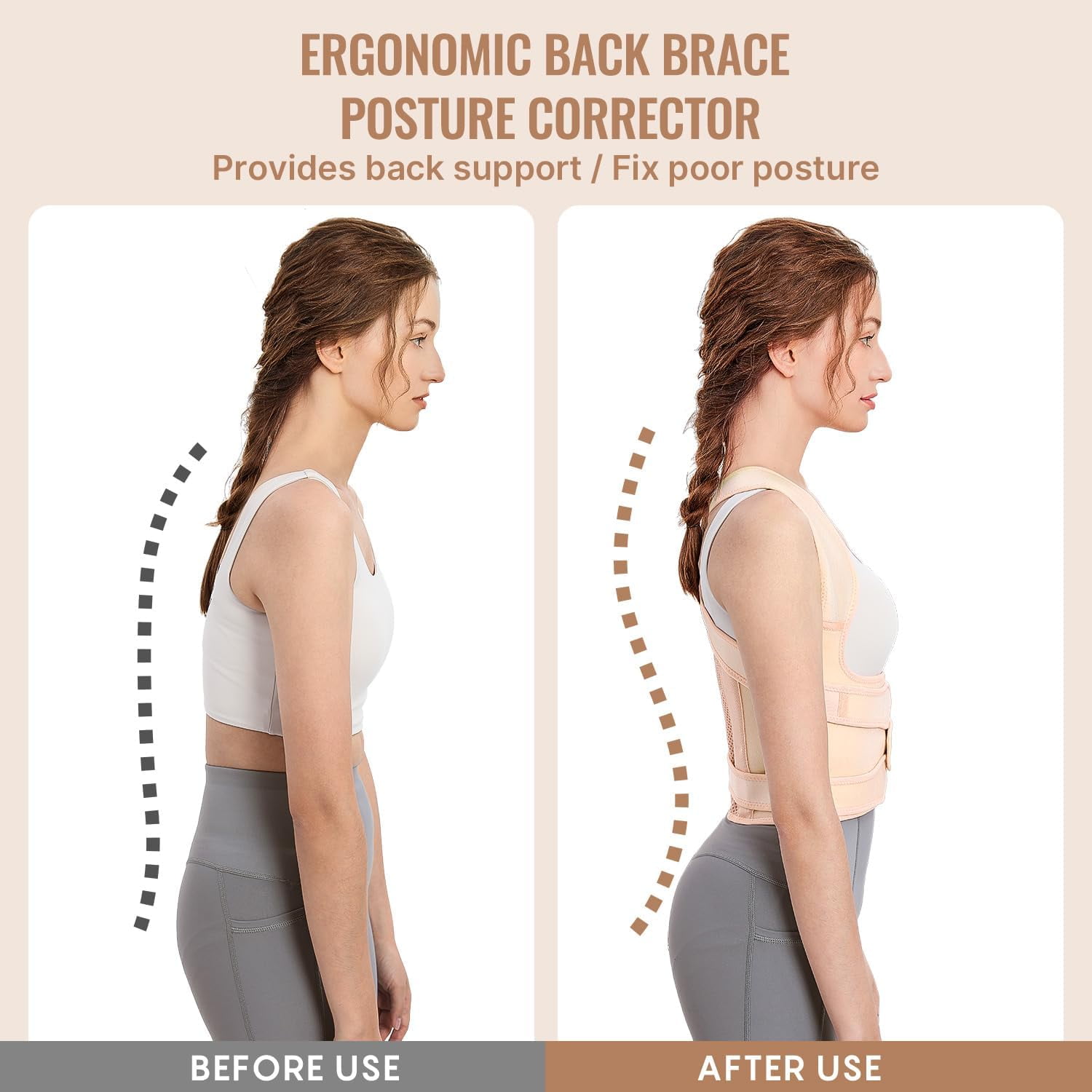 Fit Geno Posture Corrector for Women& Men,Adjustable Back Support Brace for Pain Relief,Medium,Beige