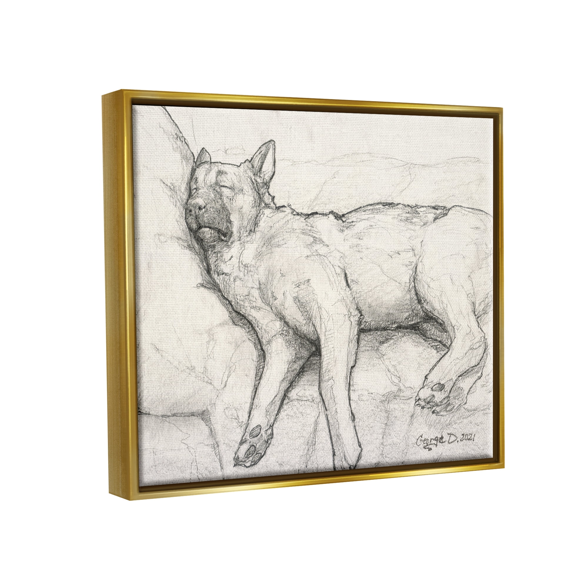 Stupell Industries Tired Dog Sleeping Intricate Graphite Pencil Sketch Drawing Print Metallic Gold Floating Framed Canvas Print Wall Art, Design by George Dyachenko