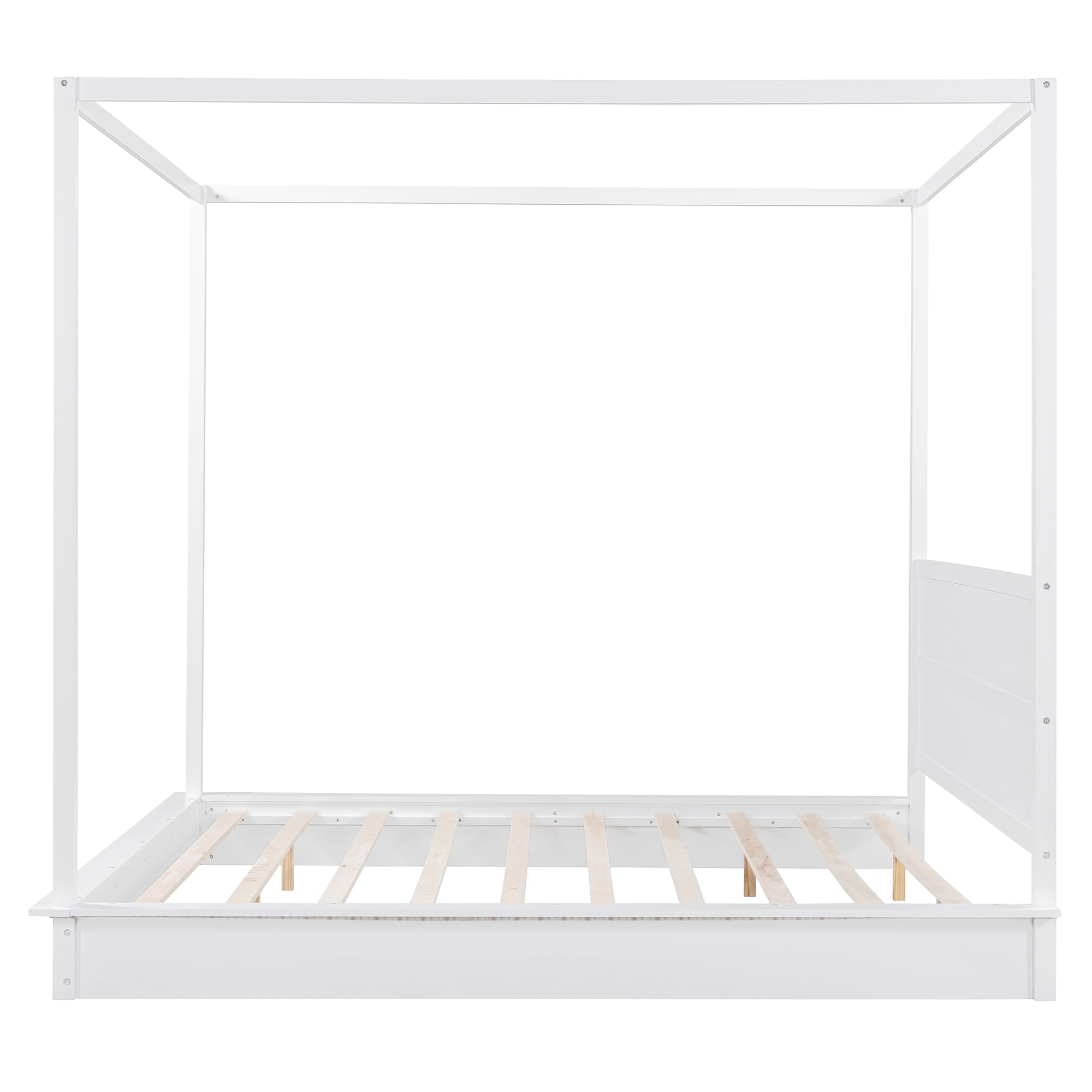 Mintazer King Size LED Canopy Bed with Wood Headboard, Platform Four Poster Bed Frame Easy Assembly, No Box Spring Needed, White
