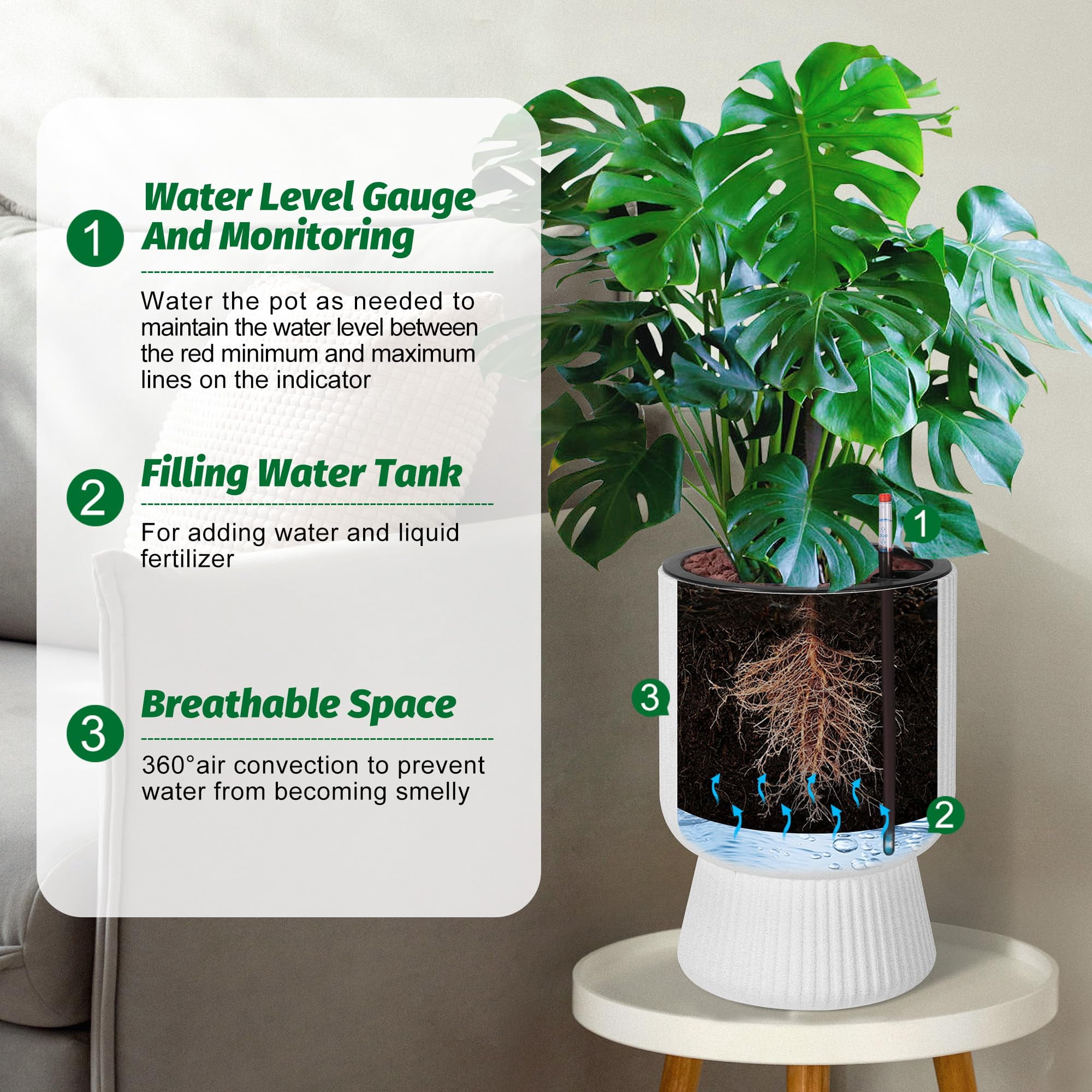 Ataucjin 14.2" Tall Planters Set of 2, Large Indoor/Outdoor Self-Watering Plant Pots with Drainage, Water Level Monitor, Flower Pots for Patio, Porch, Living Room, Home Office