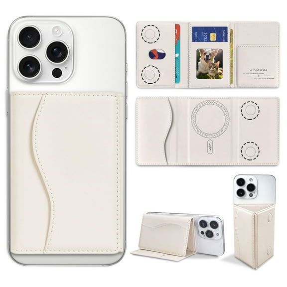 ADANNU 2-in-1 White Magnetic Card Holder & Phone Stand for iPhone, 6 Card Slots, PU Leather, MagSafe Compatible