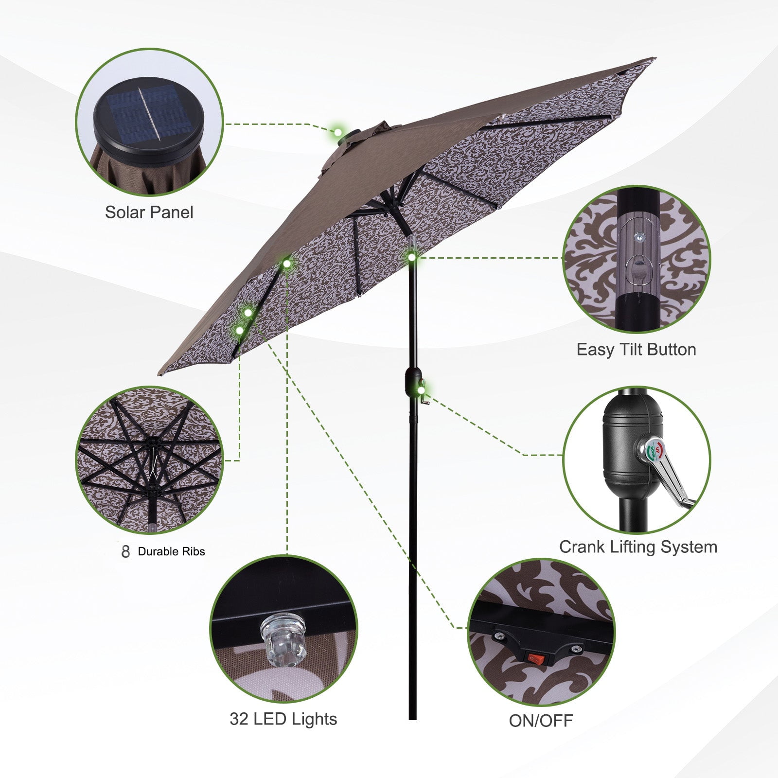 Backyard Expressions 9ft Solar Patio Umbrella with 32 LED Lights – Outdoor Market Umbrella with Tilt & Crank, Solar-Powered Lighting, Water-Resistant Fabric for Patio, Deck, Garden, Pool