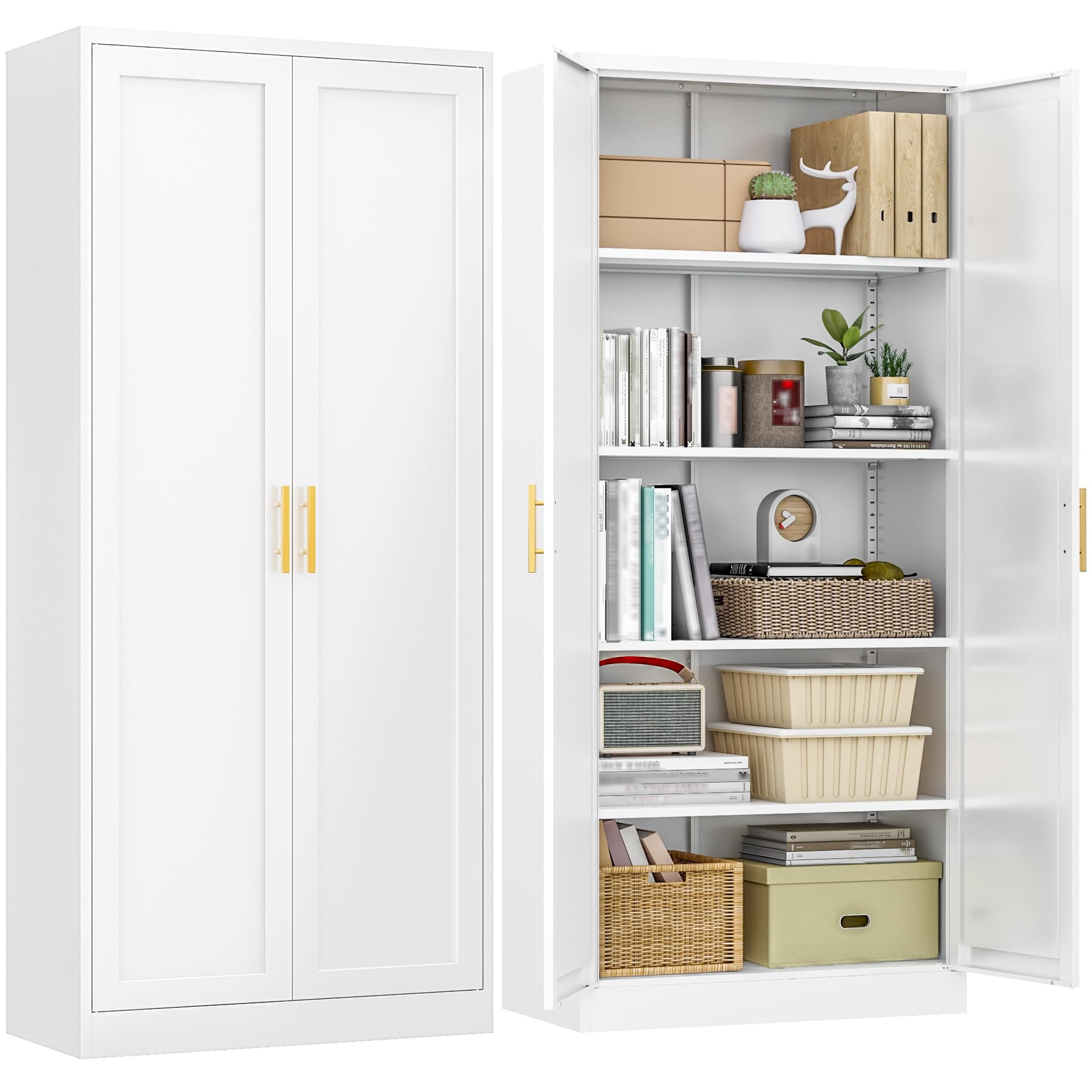 Kitchen Pantry Cabinet,71” Metal Tall Pantry Storage Cabinet with Doors and 4 Adjustable Shelves,Kitchen Storage Cabinets White Freestanding Food Cabinet for Pantries, Kitchen, Dining Room