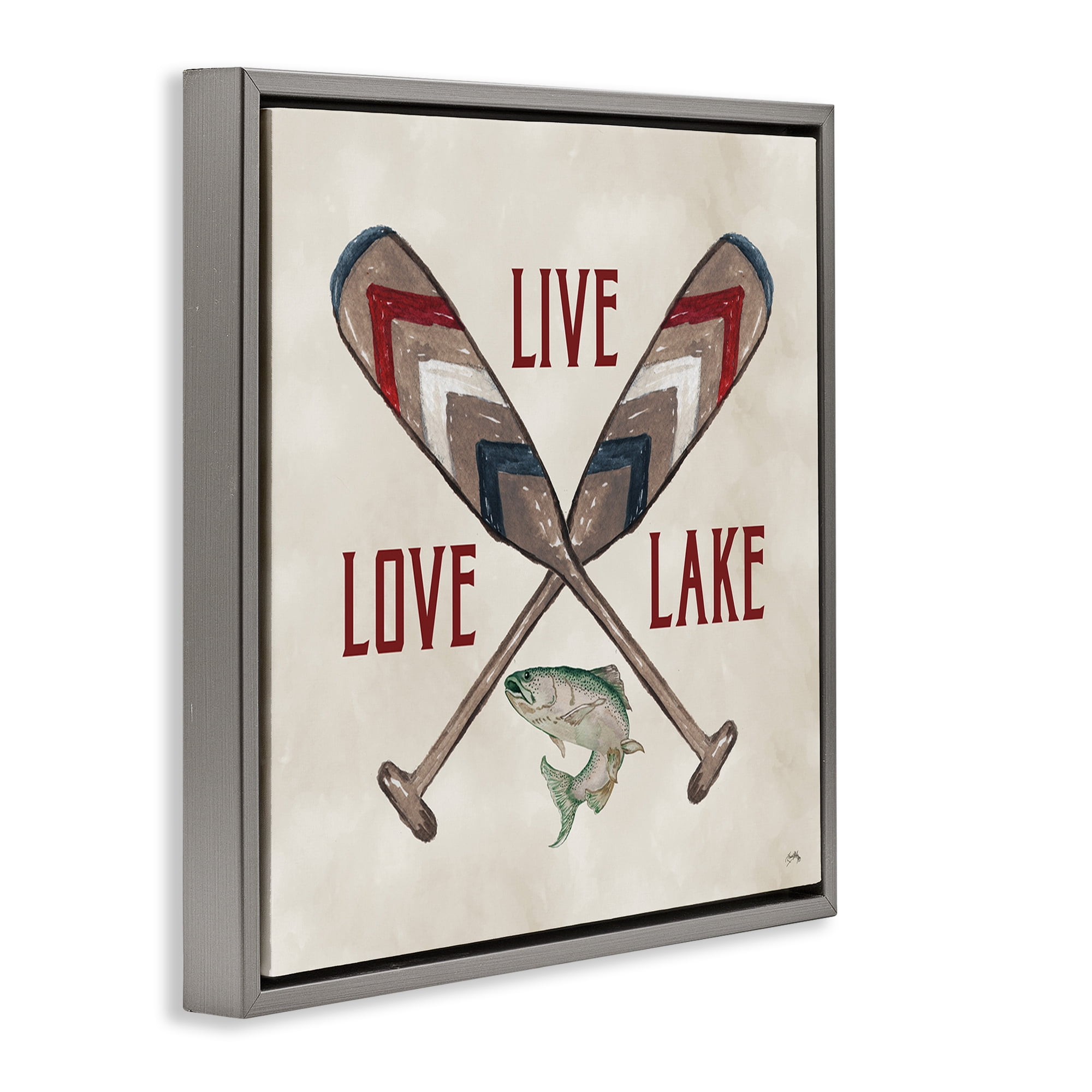 Stupell Industries Live Love Lake Oars Typography Painting Gray Floater Framed Canvas Art Print Wall Art, 18 x 18