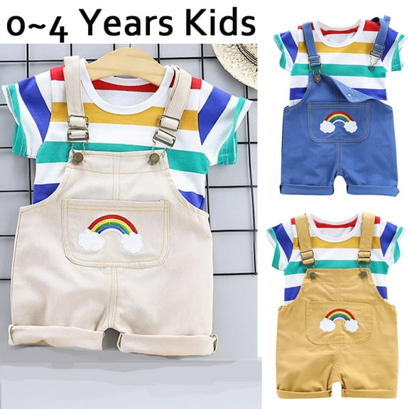URMAGIC Boys Girls Stripe Tee Rainbow Pocket Overalls Shorts Kid Summer Outfit Set