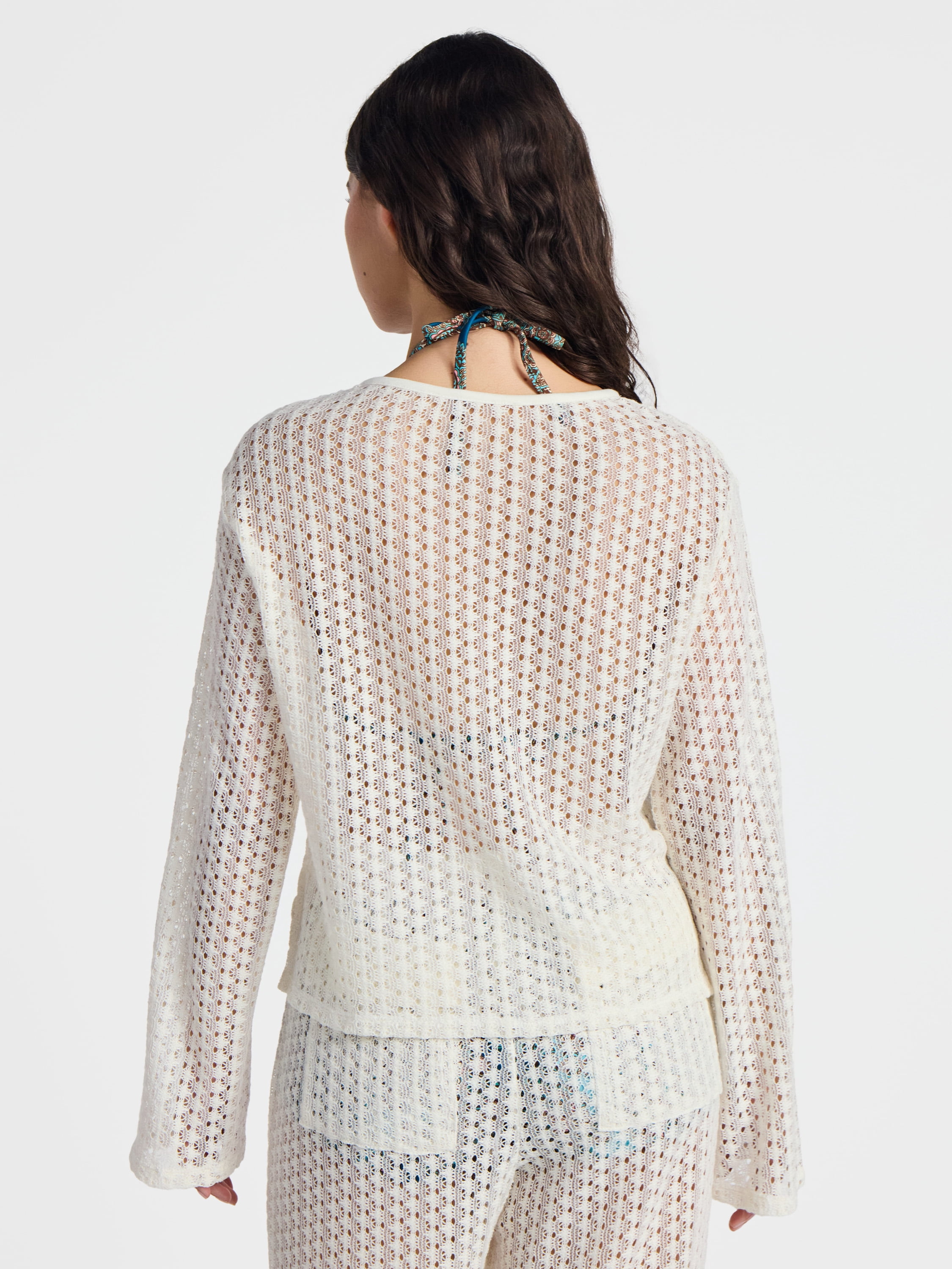 No Boundaries High-Low Crochet Swim Coverup with Long Sleeves, Women's