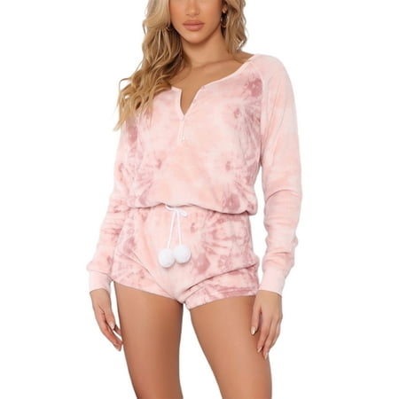 

Women Christmas Fleece Onesie Pajamas Jumpsuit Sexy V-Neck Short Rompers One-Piece PJs Sleepwear