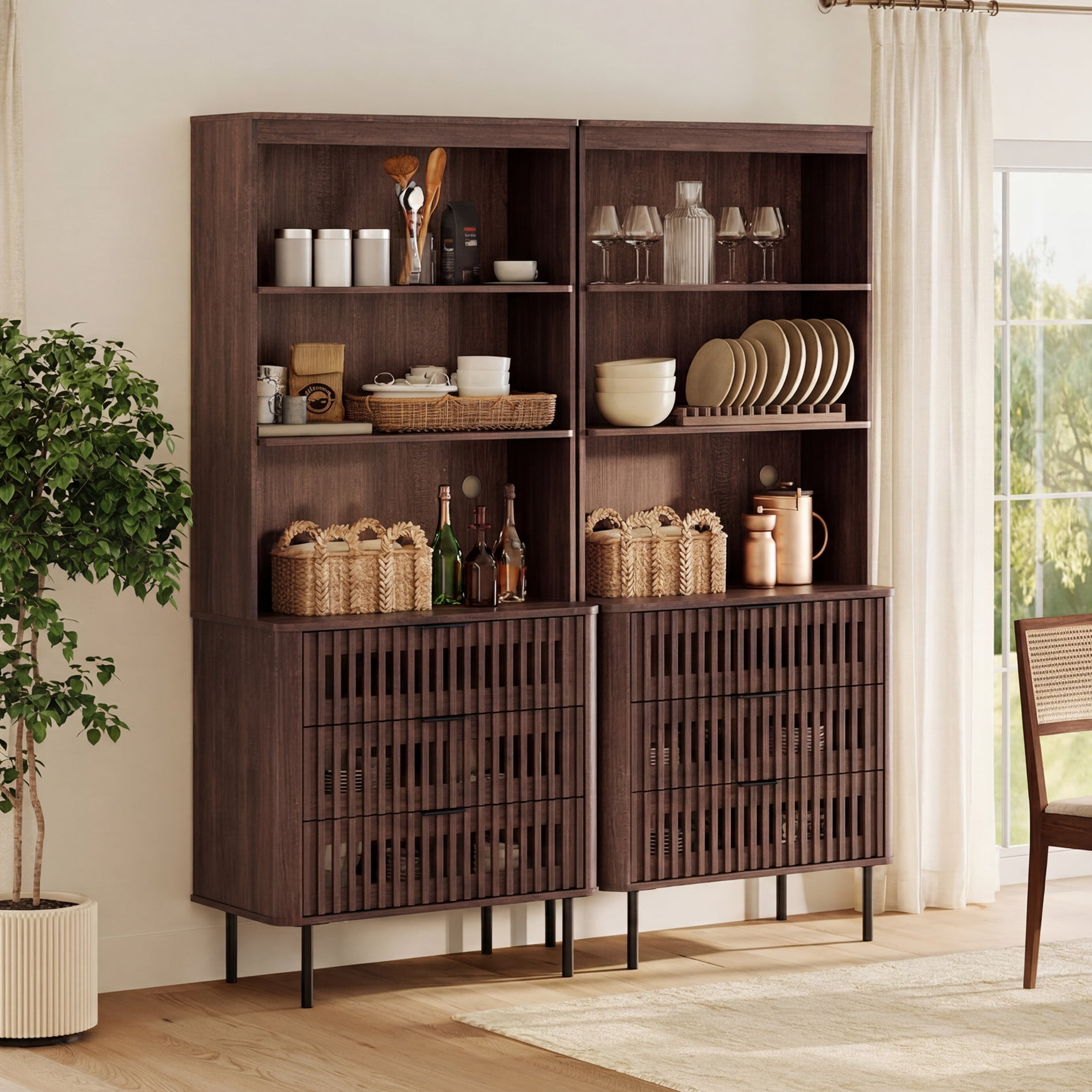 WAMPAT 72.8" Tall 3-Tier Bookshelf with Large Drawer, Modern Bookcase with Storage, Adjustable Shelves, Wood Storage Cabinet, Walnut, 2 PCS