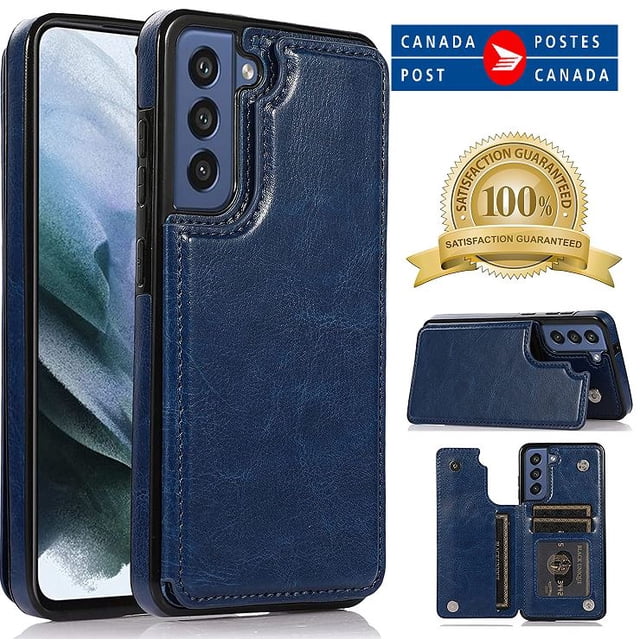 Merlin Leather Flip Wallet Case Card Holder Phone Back Cover for Samsung Galaxy S21 FE (Blue)