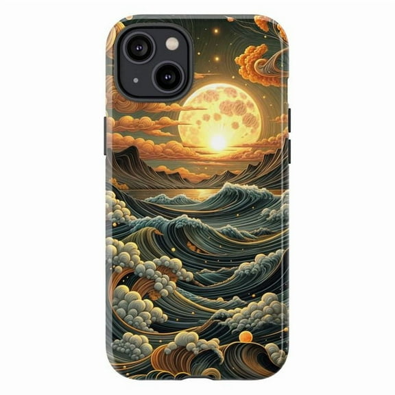 Ocean Moon Phone Case for iPhone 16 15 14 13 12 11 Pro Max – Dual Layer Shockproof Cover with Celestial Sunset Wave Art