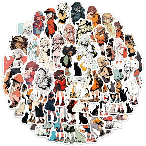 Paquete de pegatinas de anime con forma de niña y gato, 51 unidades, dibujos animados decorativos