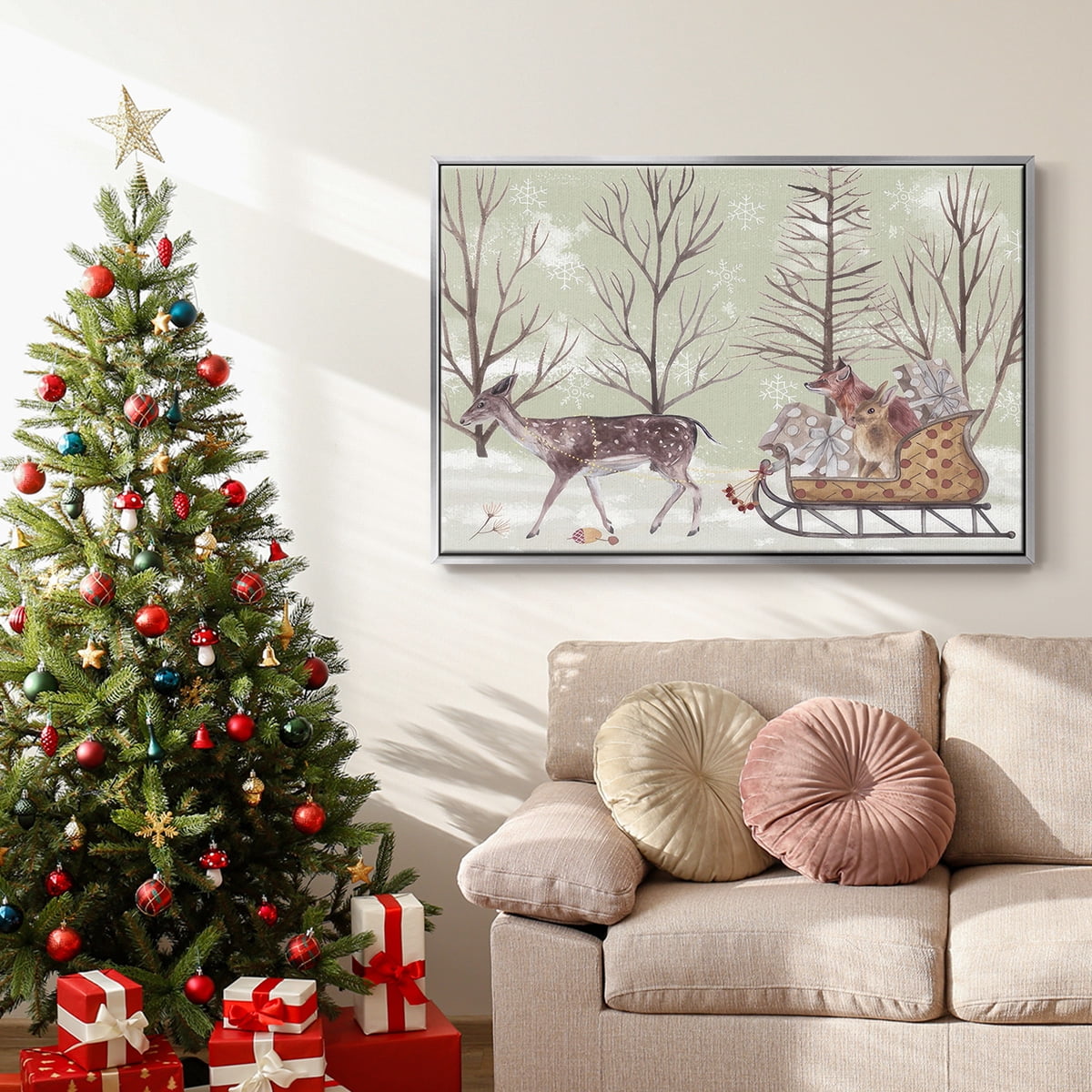 Christmas Time II - Framed Gallery Wrapped Holiday Canvas - 27 x 41 - Silver Frame