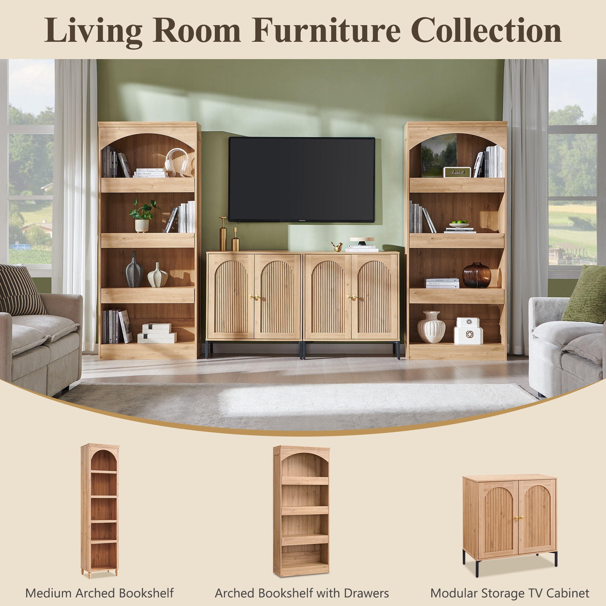 SinCiDo 76" Tall Arched Bookcase w/Hidden Magnetic Lock Drawer at the Bottom, 4-Tier Large Open Bookshelf w/3 Pull-Out Drawers for Living Room, Office