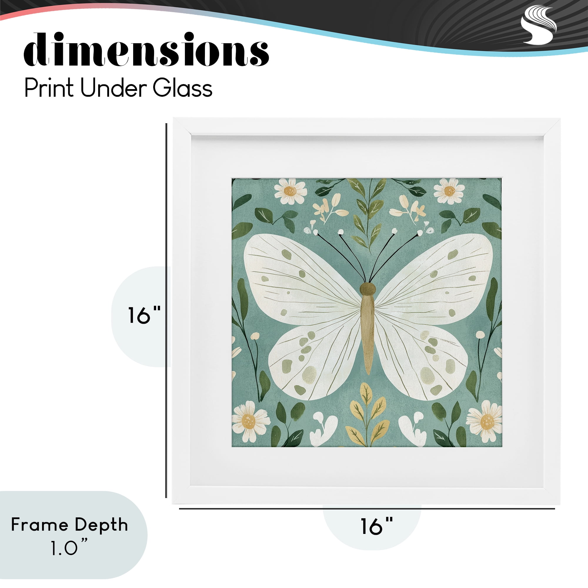 Stupell Industries Teal Butterfly Garden with Daisies White Framed Print Under Glass, design by Petal Prints Design