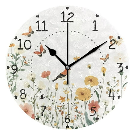Pastel Flowers Birds Butterflies Watercolor Round Wall Clock Silent Analog Battery Operated Black Pointer Home Decor 9.84 Diameter