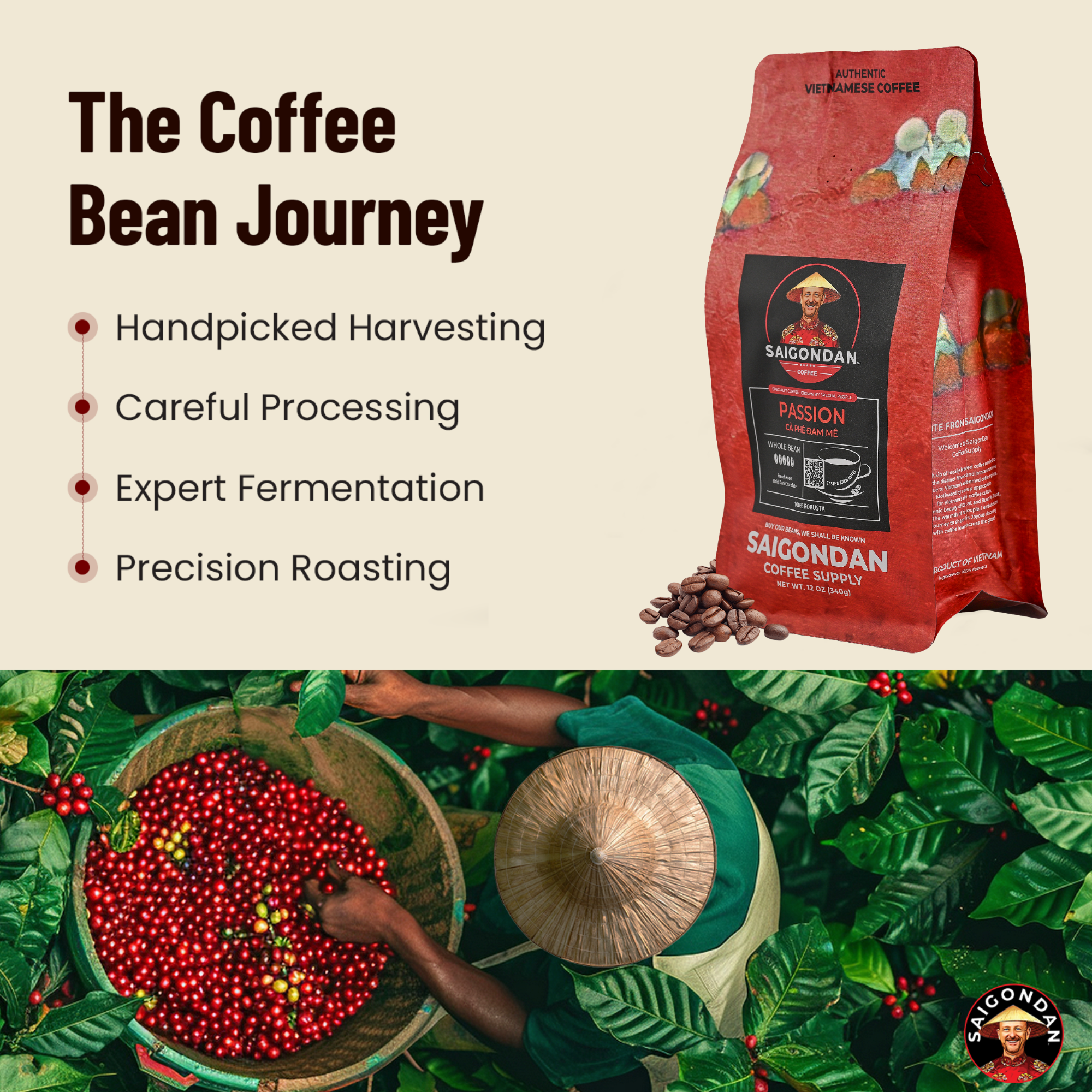 SAIGONDAN Passion Vietnamese Single Origin Robusta Coffee — French Roast Whole Bean, Bold & Rich Flavor, 12 oz