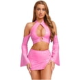 thumbnail image 1 of Yeahdor Womens Glossy Pu Crop Top Halter Off Shoulder Flared Sleeve For Clubbing Raves Pink M, 1 of 6