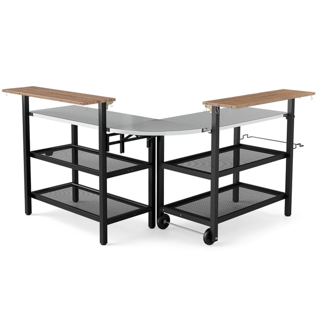 Gymax Patio Bar Table & Rolling Bar Cart w/Flip-Up Top Storage Shelves Removable Hooks