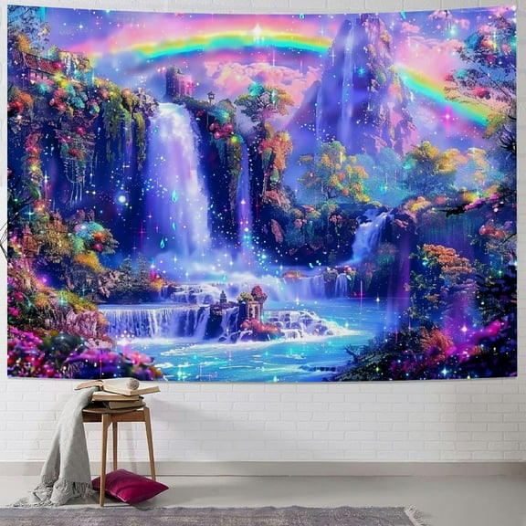 BCIIG Tapestry Fantasy Forest Tapestry UV Reactive Waterfall Rainbow Tapestry Misty Jungle Plants Tapestry Nature Landscape Wall Hanging for Living Room
