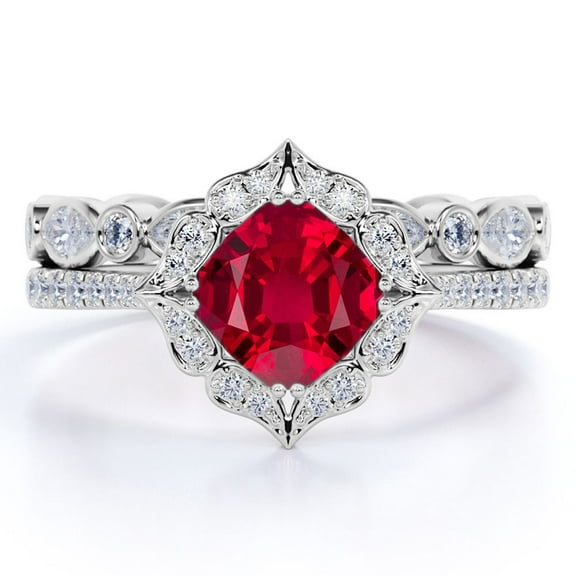 JeenMata 1.75 Carat Cushion Cut Lab Created Ruby Wedding Set - Art Deco Ring Band - 18k White Gold over Silver