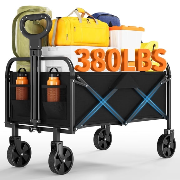 Towallmark Foldable Wagon, Collapsible Utility Wagon, 380LBS Capacity All Terrain Wheels Wagon with Drink Holders and Adjustable Handle, Portable Cart for Shopping Camping Garden, Black