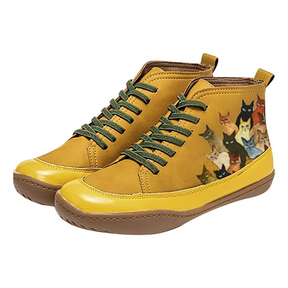CEHVOM Women's Comfortable Booties Cat Print Leather Flat Heel Boots Retro Shoes