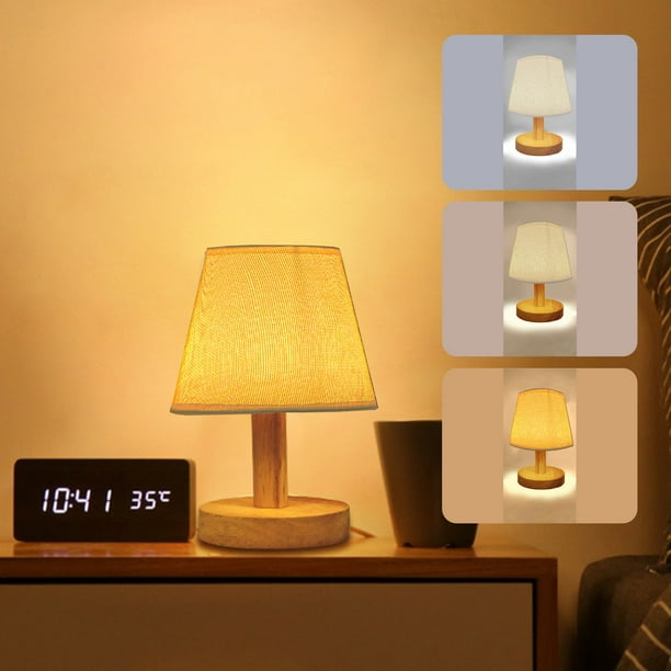 Lámpara de mesa regulable para mesita de noche | Control táctil de 3 modos con bombilla LED blanca cálida | Base de madera maciza y pantalla de tela de lino para sala de estar, oficina o dormitorio