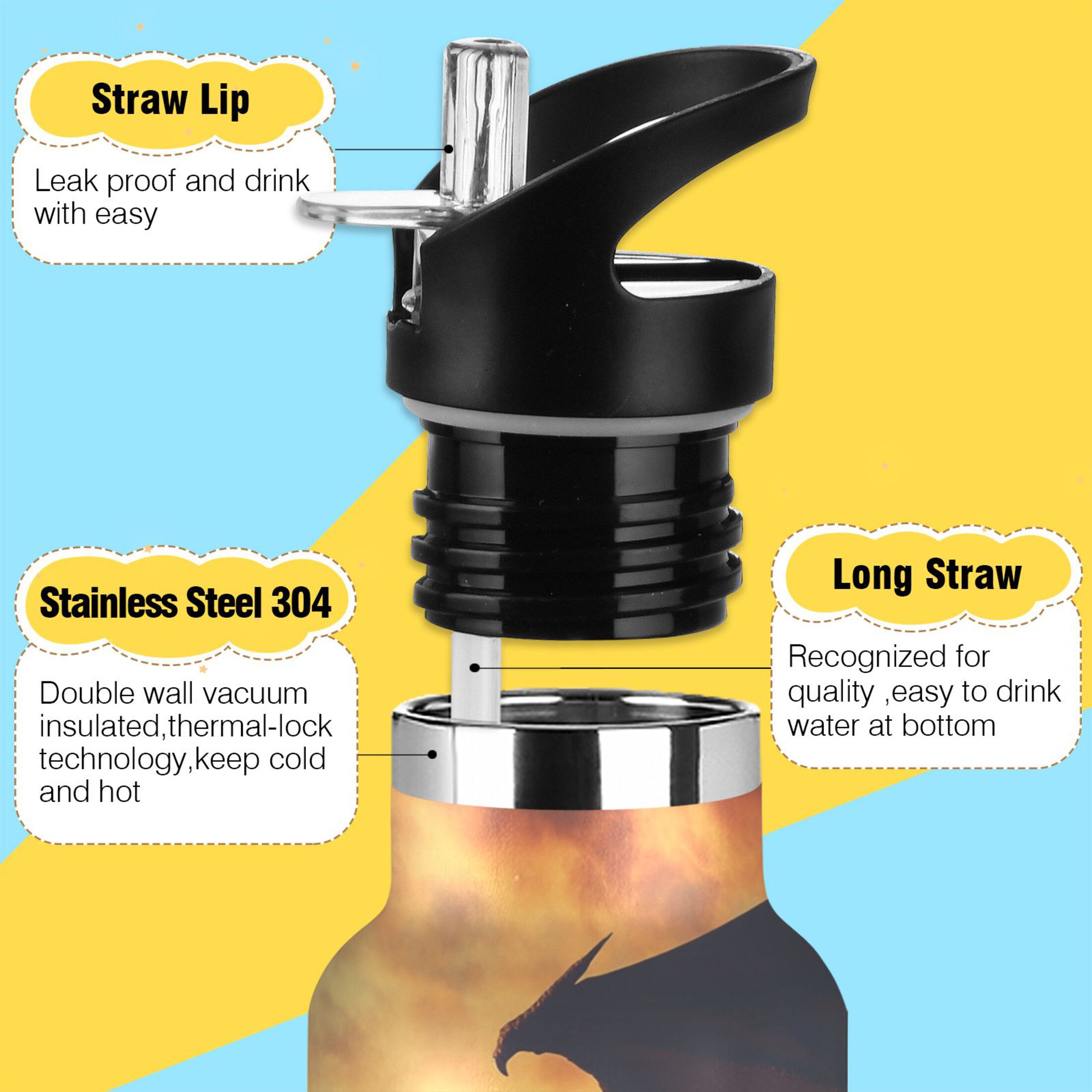 600ML Stainless Steel Insulated Cup Sports Water Bottle Portable Thermos Cup Water Glasses Insulated Tumblers Convenient and Durable Ride The Dragon