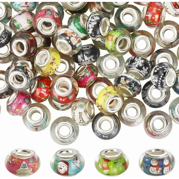 120Pcs European Christmas Beads Large Hole Lampwork Beads 14mm Resin Silver Brass Cores Snowman Christmas Tree Design Loose Spacer Charms for Bracelets Necklace Pens Jewelry Making Crafts