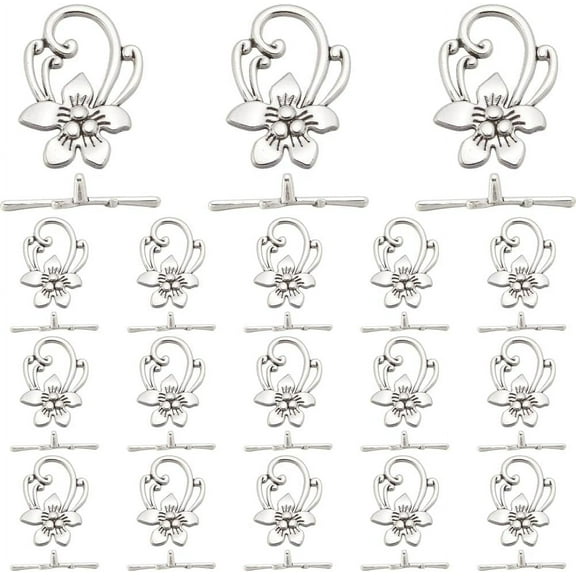 1 Box 40 Sets Toggle Jewelry Clasps Silver Flower Toggle Clasp Bulk Antique Alloy T-Bar Closure Connectors Bracelet Clasp for Jewelry Making Pendants Bracelet Necklace Earring DIY Crafts