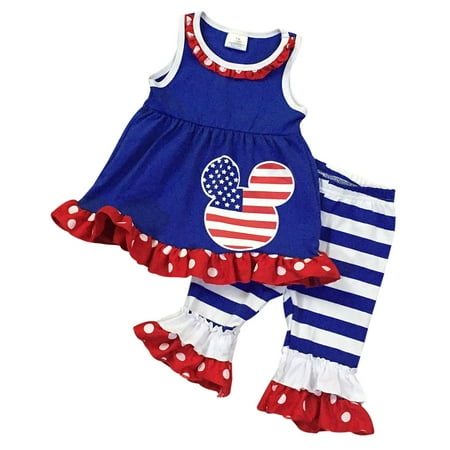 Girls 2 Pieces Pant Set Stripe Polka Dot Summer Party Dress Outfit Clothing Set Royal 2T XS