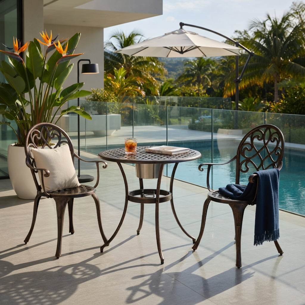 Hommoo 3-Piece Outdoor Bistro Set with Removable Stainless Steel Ice Bucket, Cast Aluminum Patio Table & Chairs for Backyard, Balcony, Poolside, Antique Bronze