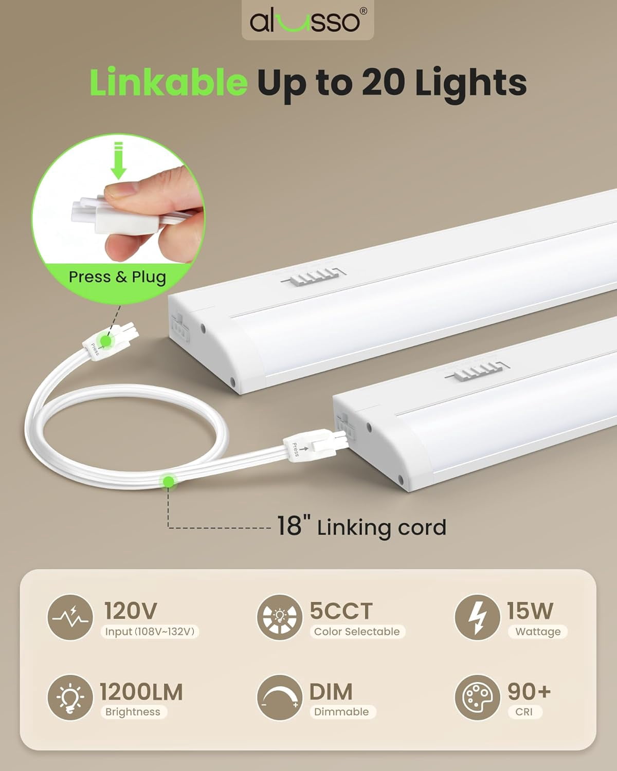 24 Inch LED Under Cabinet Lighting Hardwired 120V, 5CCT Color Selectable 2700K-5000K Dimmable 15W 1200LM High Brightness, CRI 90+ Strip Linkable Under Counter Lights for Kitchen Sink, 1 Pack