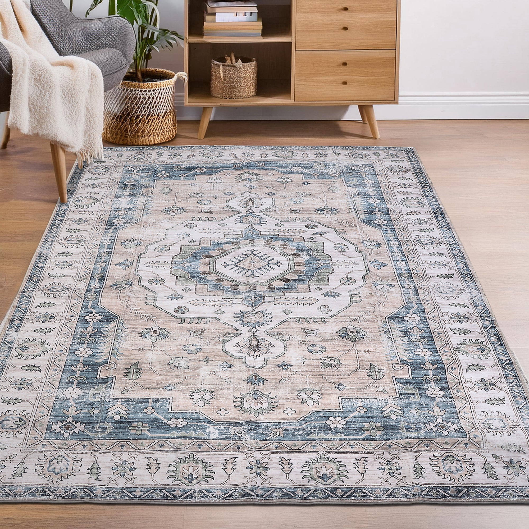 Delara 3'x5' Machine Washable Area Rug, Soft & Durable, Non-Slip, Stain Resistant, Vintage Bloom, for Bedroom, Living & Dining Room