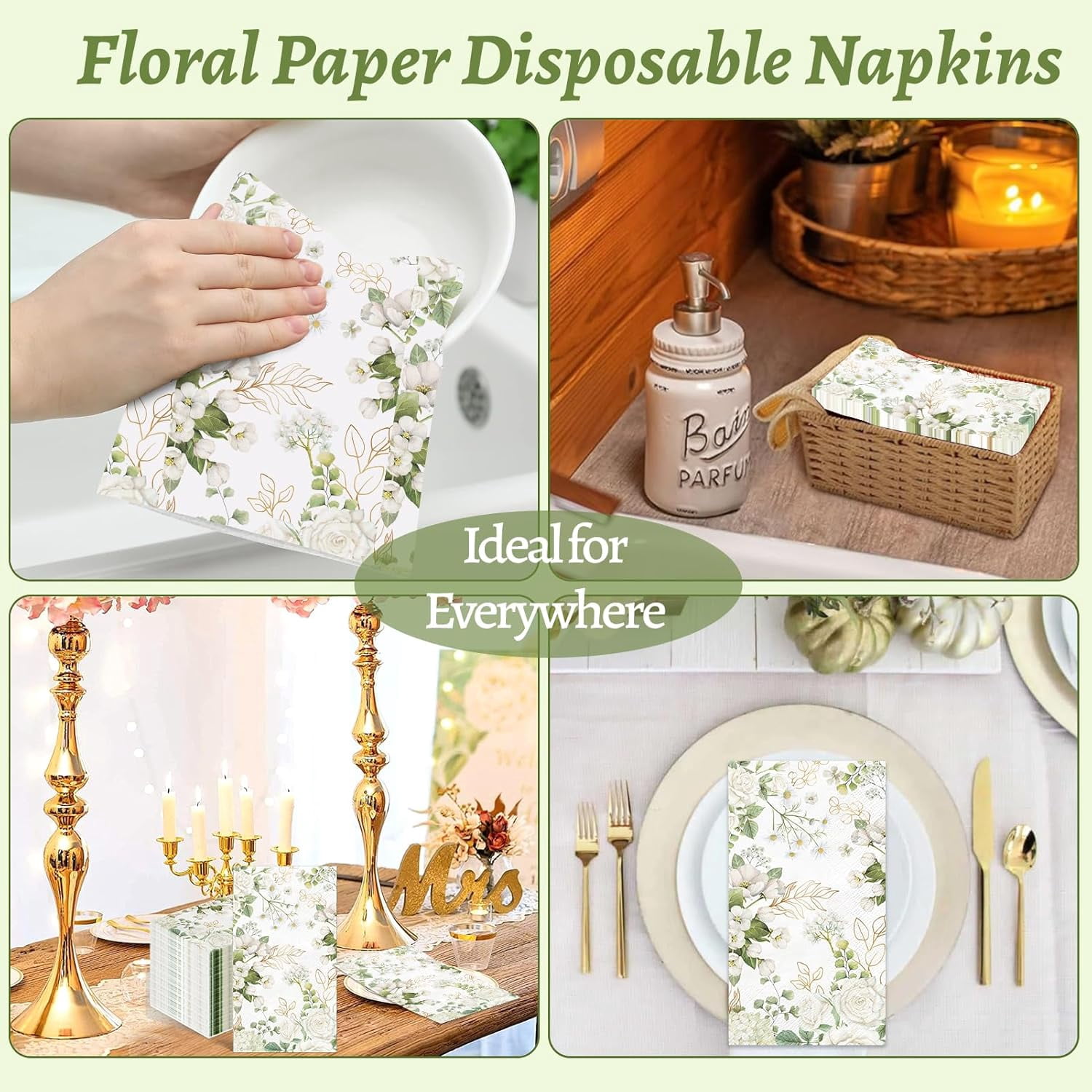100 PCS White Floral Paper Napkins 3 Ply Disposable Hand Towels for Bathroom Spring Flowers Guest Napkins Greenery Floral Dinner Napkin Decor for Wedding Bridal Baby Shower Birthday Tea Party