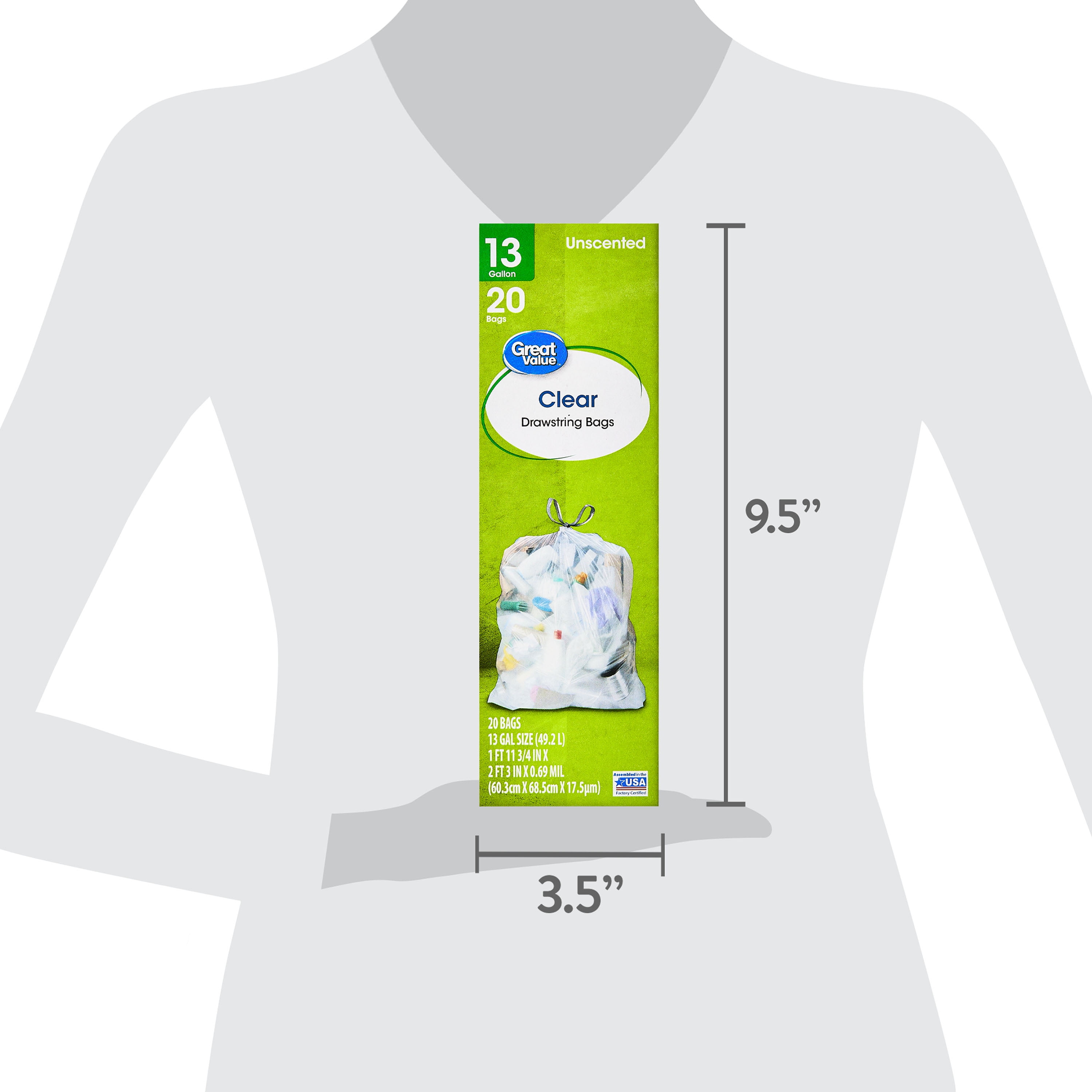 Great Value 13-Gallon Clear Drawstring Tall Kitchen Bags, 20 Bags