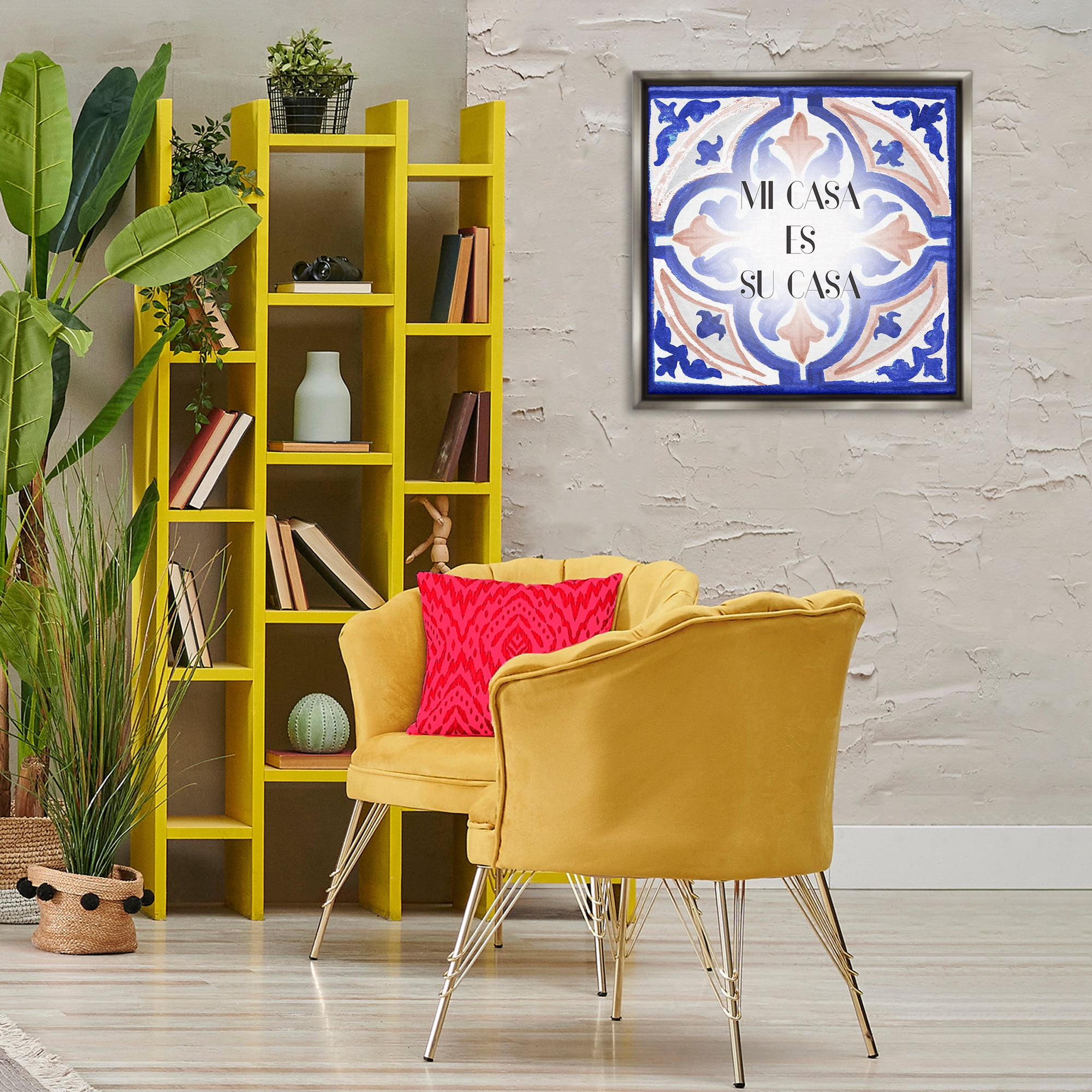 Stupell Industries Mi Casa Azulejos Tropicales Inspirational Quotes & Sayings Painting Gray Floater Framed Art Print Wall Art, 25 x 25