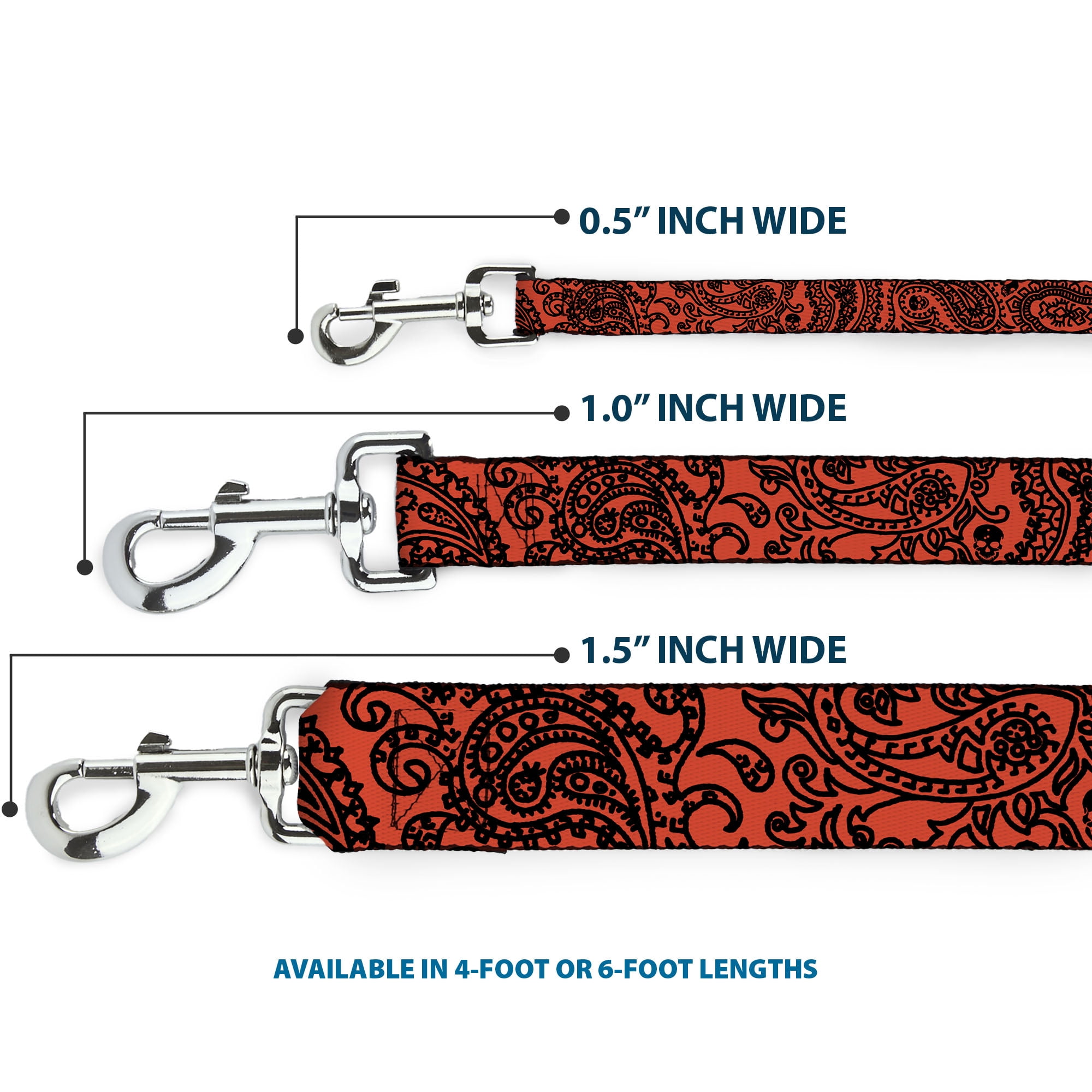 Buckle-Down Pet Leash, Dog Leash, Bandana Skulls Orange Black, 6 Feet Long 1.0 Inch Wide