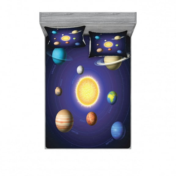 Space Bedding Set with Sheet & Covers, Solar System Illustration Showing Planets Around Sun Harmony Galaxy Science Room, Printed Bedroom Decor 2 Shams, 4 Sizes, Multicolor, by Ambesonne