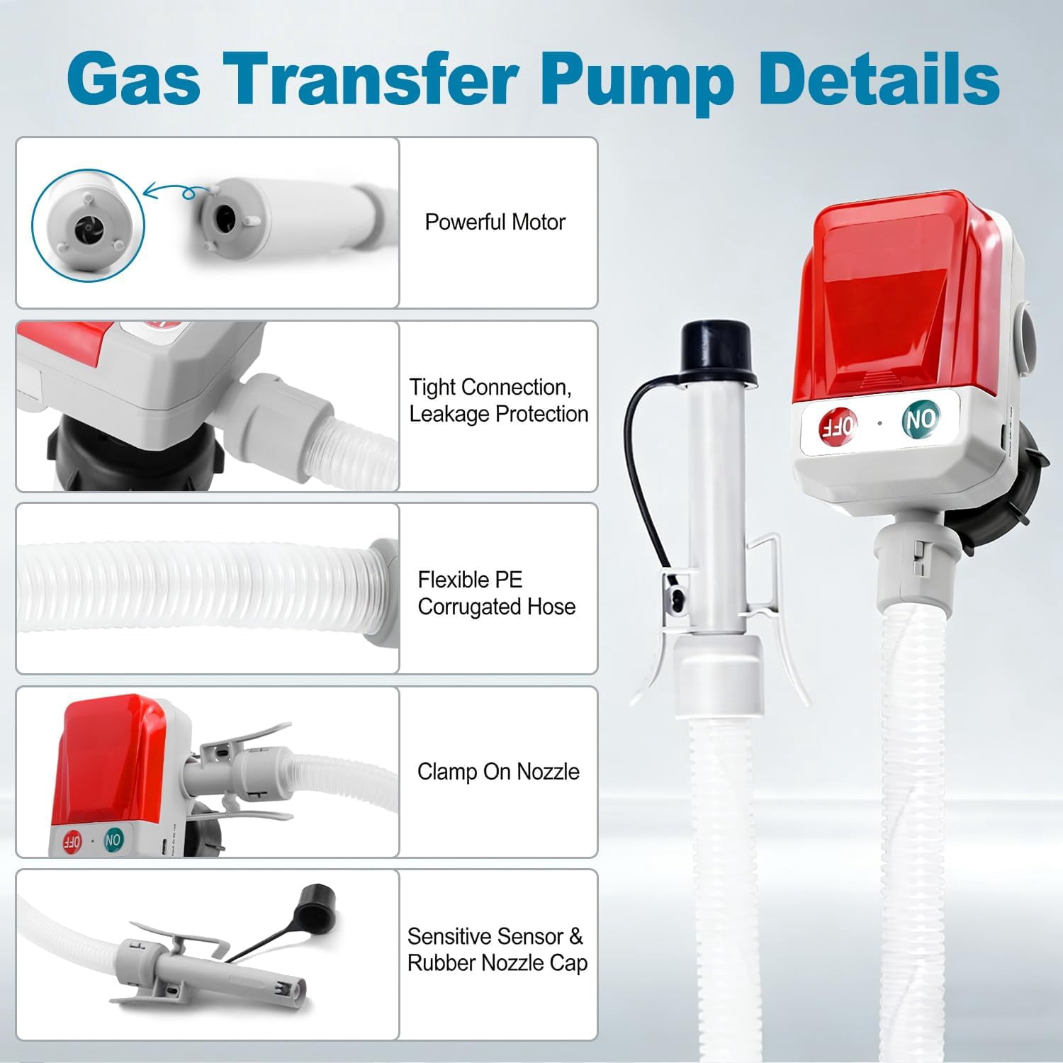 Binazon Fuel Transfer Pump 3.2 GPM Battery-Powered with Auto-Stop Sensor, 4 Adapters, 51 Inch Hose Gifts for Men Dad Him