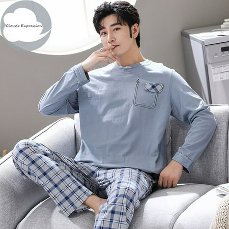 

QWZNDZGR Spring Autumn Knitted Cotton Cartoon Men s Pyjamas Striped Pajamas Set Casual Male Sleepwear Pyjama Night Pijamas 3XL Homewear
